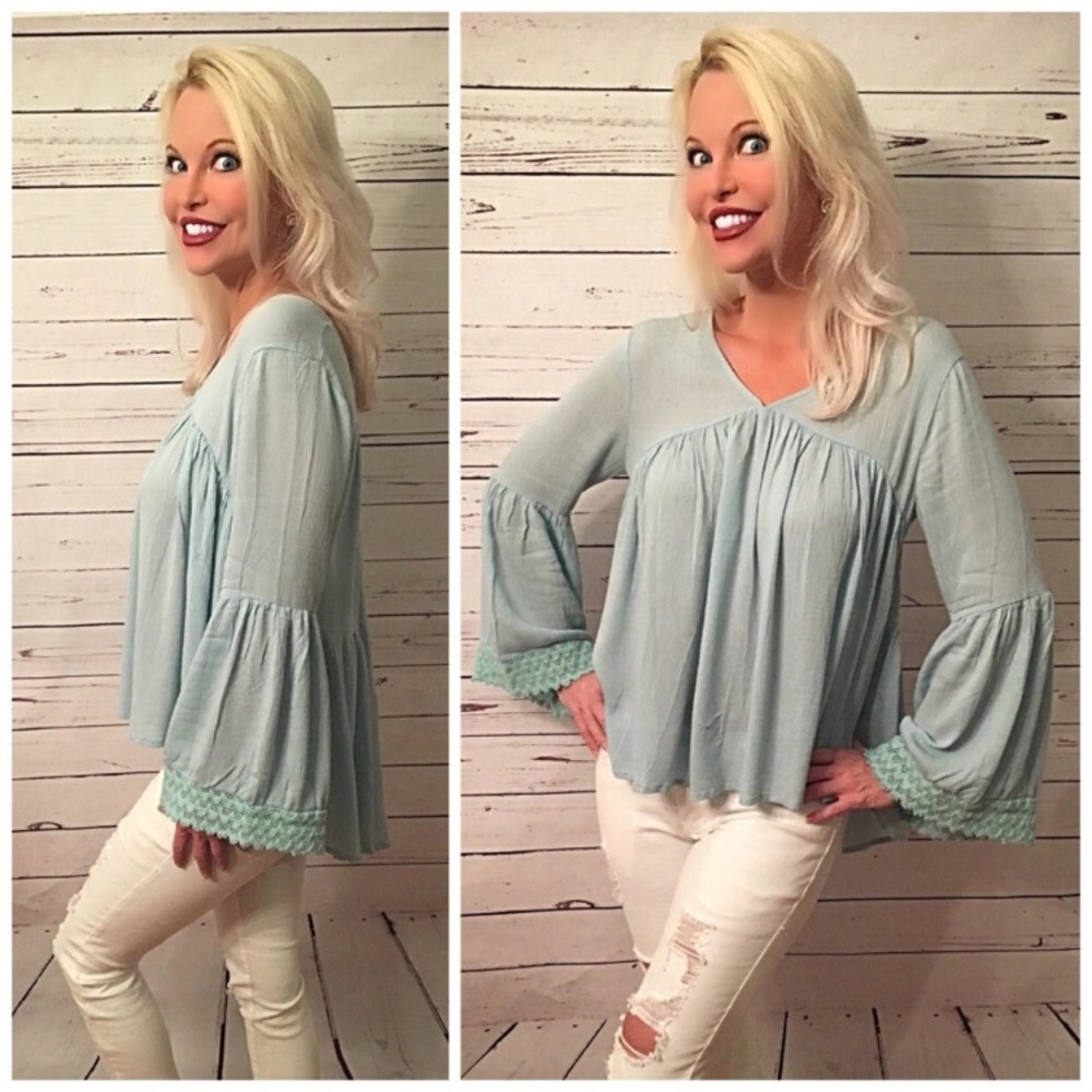 New For Spring! Mint Bell Sleeve Crochet Top!